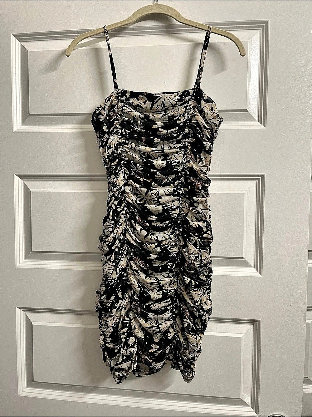 Topshop Floral Ruched Mini Dress Black & Cream - Size 6